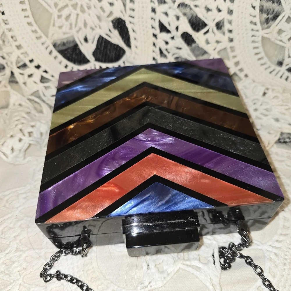 Sandra Roberts Square Handbag, Chain Strap, Multi-colores Clutch, Art Deco Purse